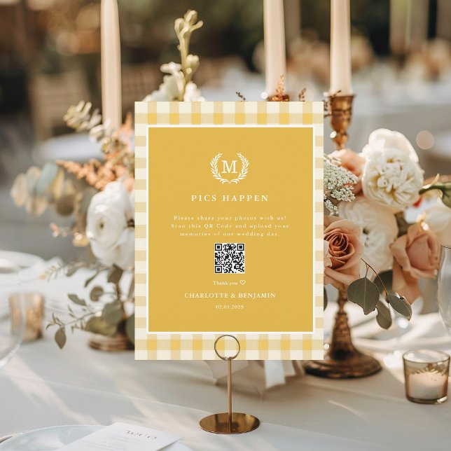 BILDER HAPPEN!QR Code Gult Gingham Bröllop Gallery (PICS HAPPEN!QR Code Yellow Gingham Wedding Gallery Card)