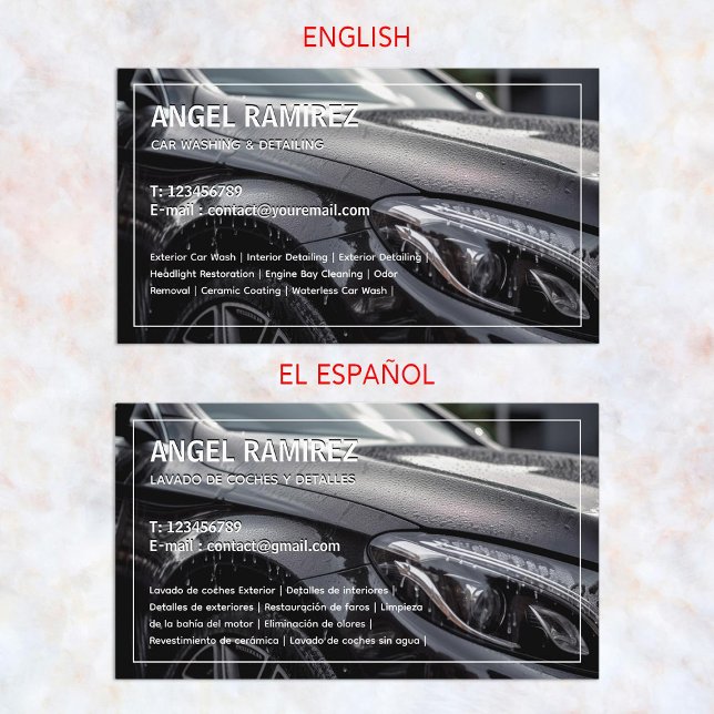Bildetaljer på det bilaterala spanska Affärskortet Visitkort (Car Detailing Bilingual Spanish Business Cards)