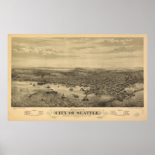 Bildmässig karta för vintage av Seattle (1878) Poster