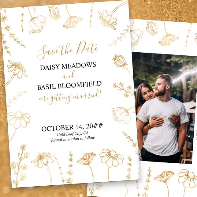 Bildrutefoto för vit och Guld Wildblomsketch Spara Datumet (Save the Date Card with Photo in White & Gold, from my Wildflower Sketch collection)