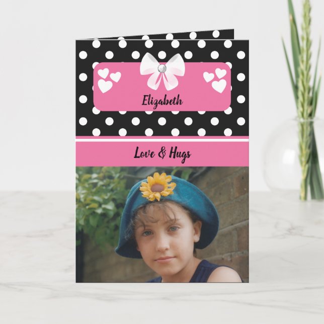 Bildsfödelsedag för Black and rosa polka dots häls Kort (Framsida)