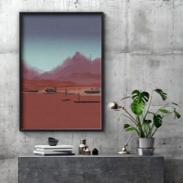 Bilen är parkerad i ökenbergslandskapet poster