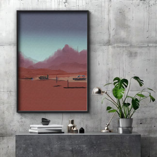 Bilen är parkerad i ökenbergslandskapet poster