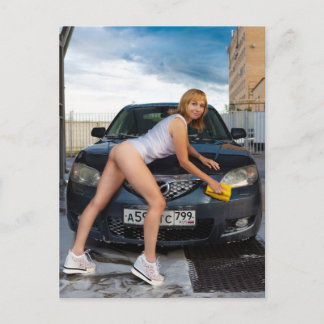 Bilen Tvättar Pin Up Girl Photo Postcard Vykort