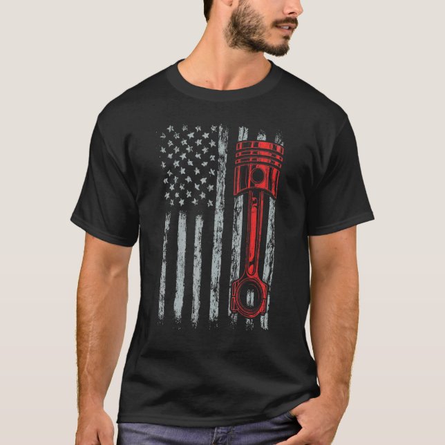 Bilentusiast American Flagga Piston Muscle Car Car T Shirt (Framsida)