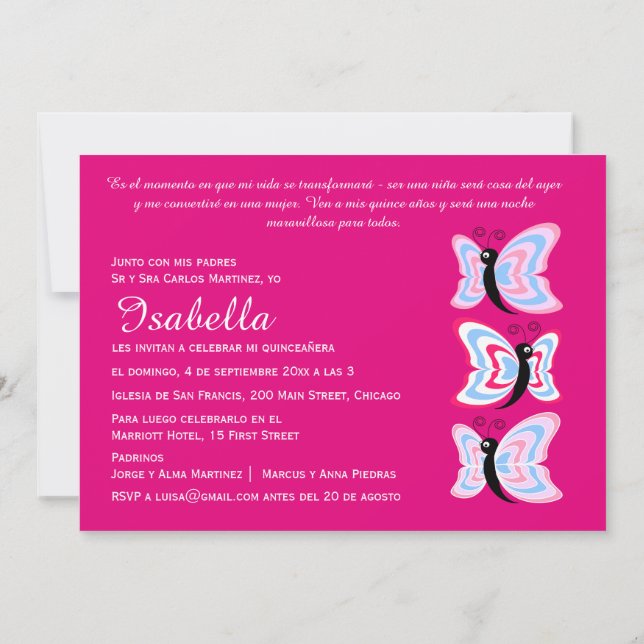 Bilingual 2-sided Quinceañera Butterfly Birthday Inbjudningar (Baksida)