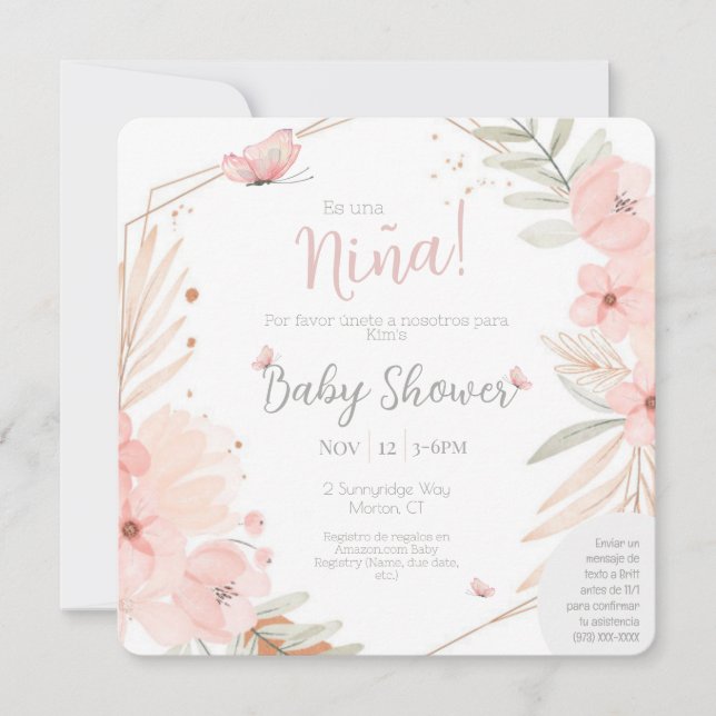 Bilingual (2-sidig) Baby Shower Girl Rosa Inbjudningar (Framsida)