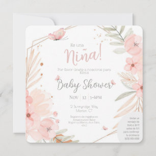 Bilingual (2-sidig) Baby Shower Girl Rosa Inbjudningar