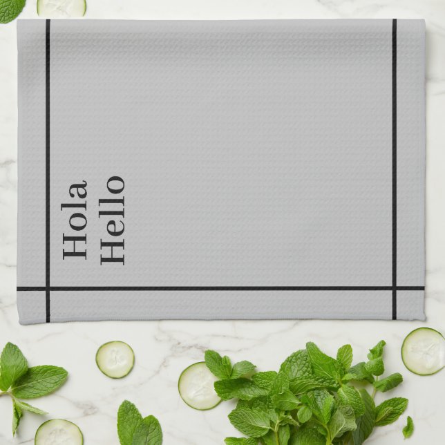 Bilingual Black&grått Hola-Hej, spansk-engelska Kökshandduk (Vikta)