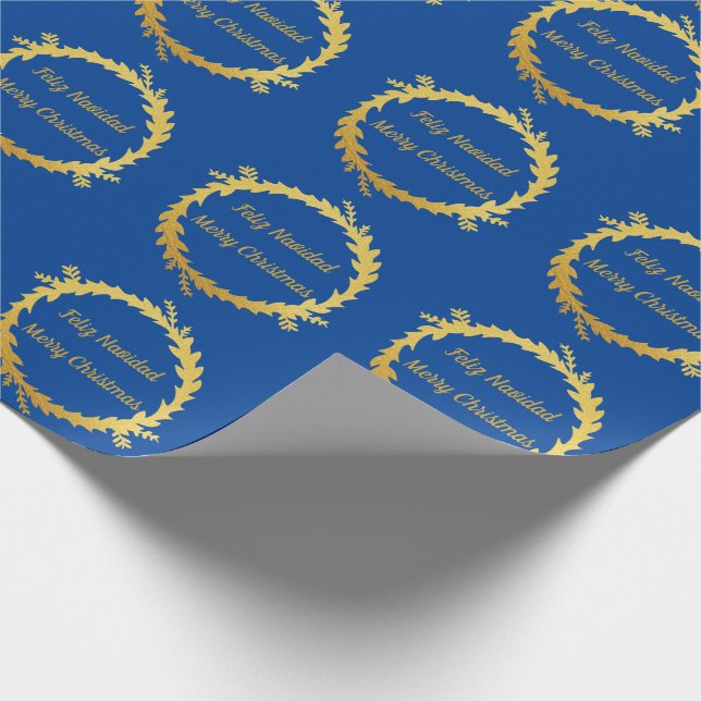 Bilingual Blue Golden Feliz Navidad jul Presentpapper (Hörn)