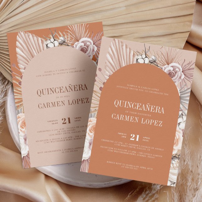 Bilingual Boho Modern Terracotta Quinceanera Inbjudningar (Skapare uppladdad)