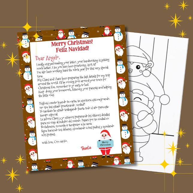 Bilingual Brown Santa Brev för barn spanska (Brown bilingual letter from Santa Christmas, personalized Name & Spanish Text. Multilingual Project)