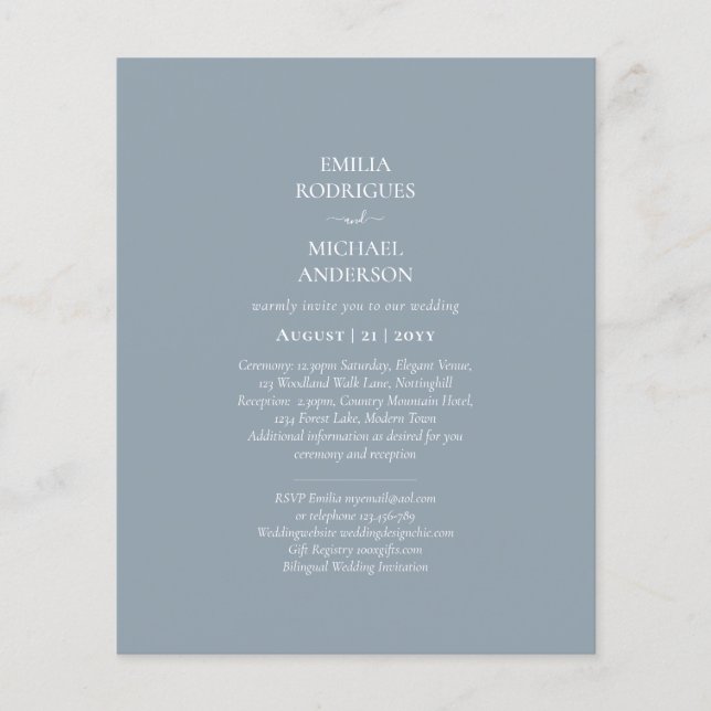 Bilingual Budget Dusty Blue Monochrome Bröllop Flygblad (Framsidan)