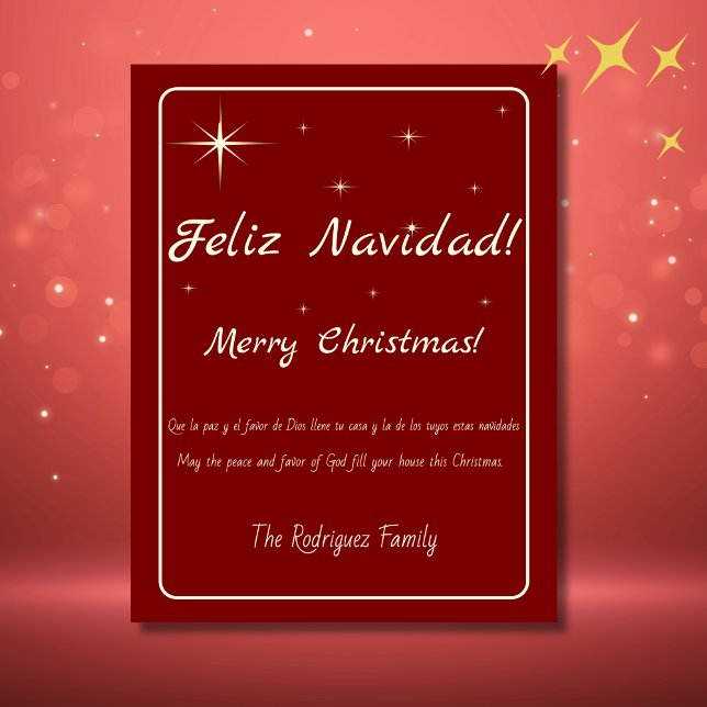 Bilingual Feliz Navidad Guld & Red God jul Helg Vykort (bilingual Spanish Christmas postcard red, customizable Spanish text. Multilingual project)