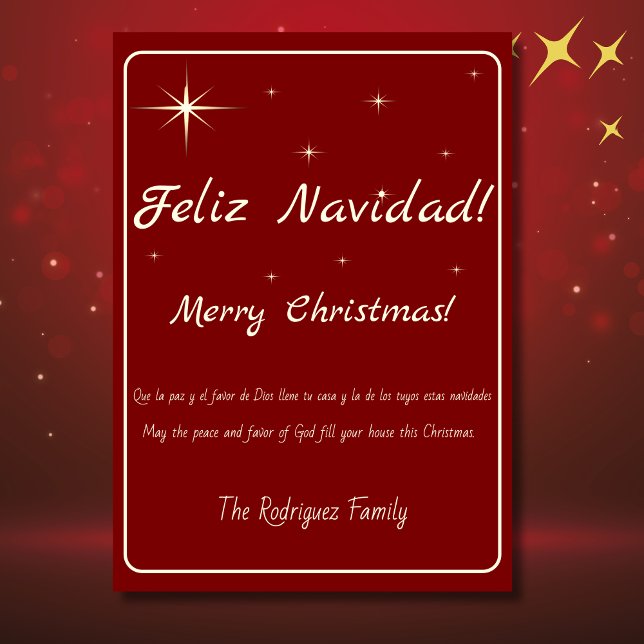 Bilingual Feliz Navidad Guld & Red God jul Julkort (bilingual Spanish Christmas card Gold & red, Cusotm text & last name. Multilingual project)