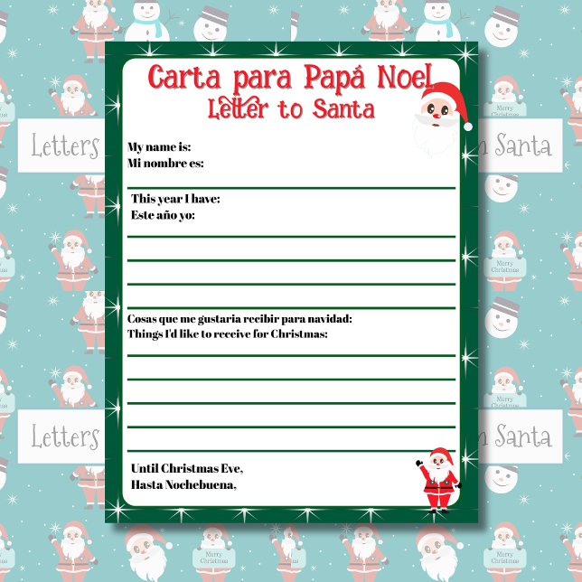 Bilingual Grönt Editable Brev till Santa Spanska (Bilingual letter to Santa, editable text & child's name. Customizable. Multilingual Projet)