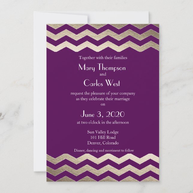 Bilingual Guld Shimmer Chevron Wedding bjudande Inbjudningar (Framsida)