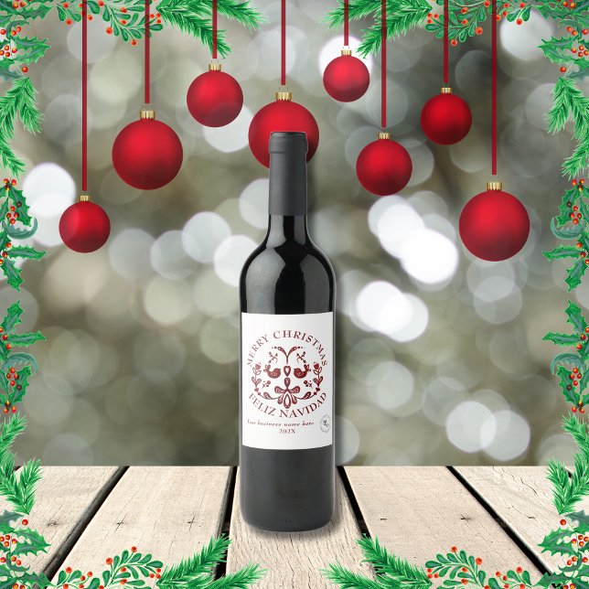Bilingual jul - spanska burgundefåglar vinflaska etikett (christmas Spanish bilignual text, Wine bottle label, custom logo, business name & text multilingual)