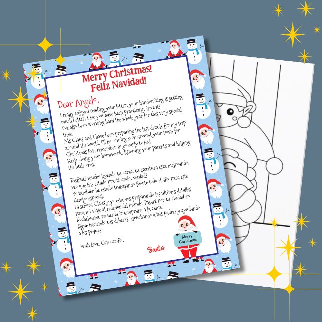 Bilingual Light Blue Santa Brev för barn Spanien (Blue bilingual letter from Santa Christmas, Custom text & name, personalized. Multilingual Project)