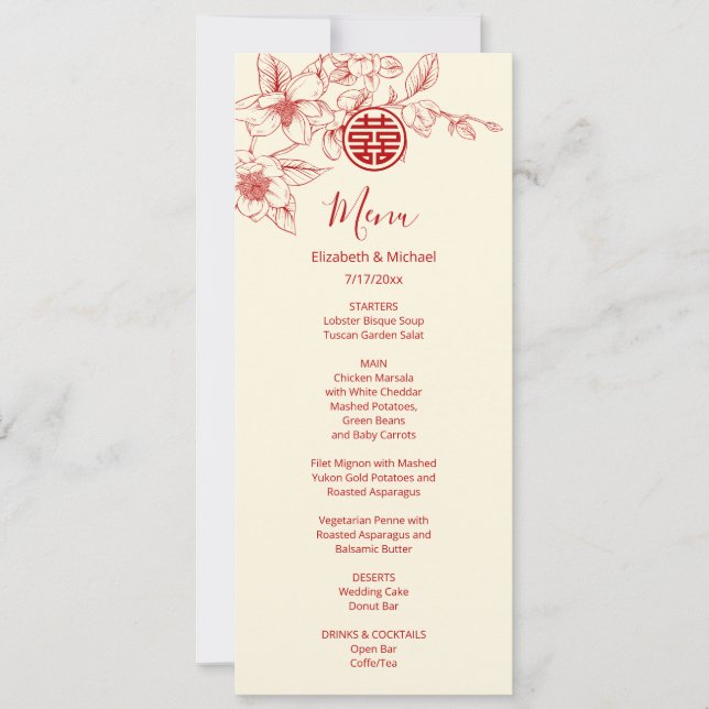 BILINGUAL Magnolia Chinese Wedding Menu Card Inbjudningar (Framsida)