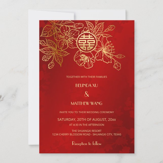 BILINGUAL Photo Red Guld Chinese Bröllop Inbjudningar (Framsida)