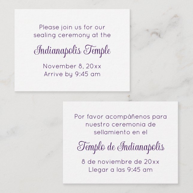 Bilingual Purple Script Temple Sealing Invitation Tilläggskort (Fram/baksida)