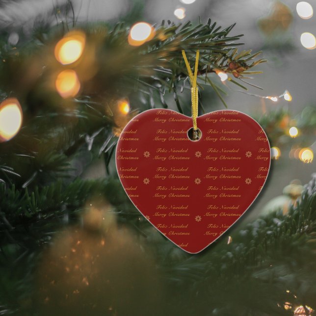 Bilingual Red och Golden jul Snowflake Julgransprydnad Keramik (Bilignual Ornament, custom family name & Spanish text. Multilingual Project)