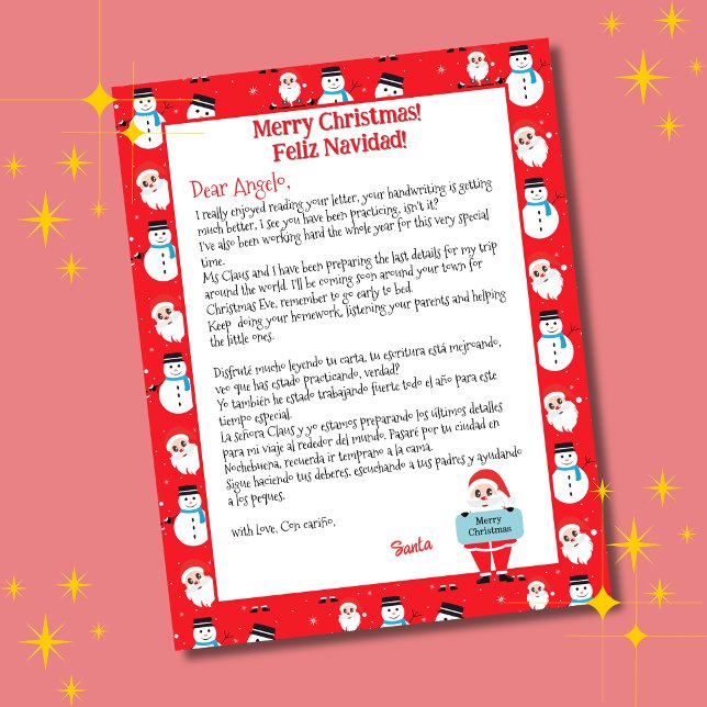 Bilingual Red Santa Brev för barn Spanien (Red bilingual letter from Santa Christmas, personalized name & Spanish text. Multilingual Project)