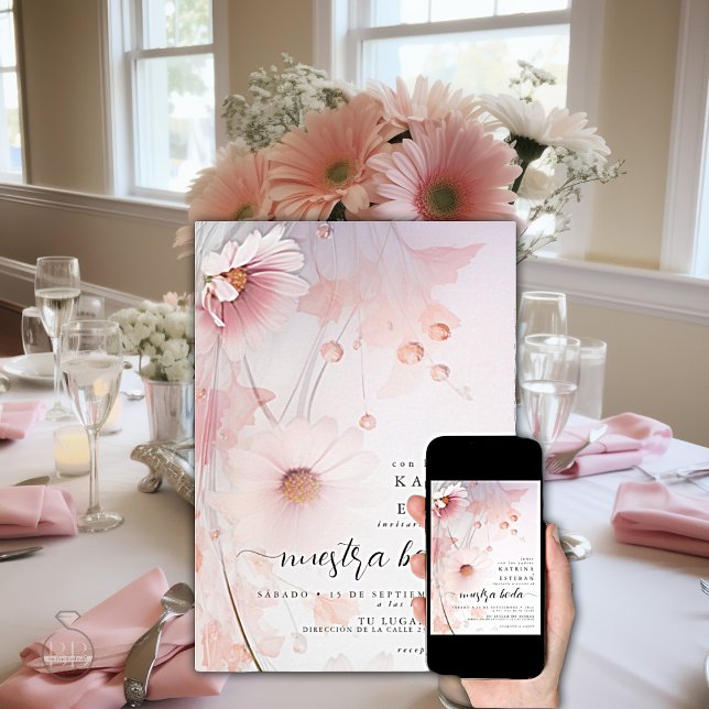 Bilingual  Rosa Daisy / rubor rosa margarita Inbjudningar (Skapare uppladdad)