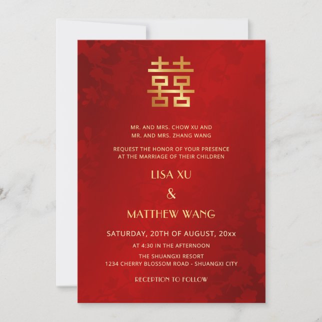 Bilingual | Simple Red Gold Chinese Wedding Inbjudningar (Framsida)