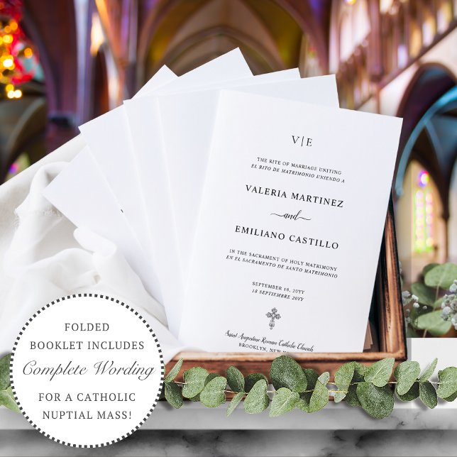 Bilingual Spansk-katolska Bröllopsprogrammet (Elegant, simple, bilingual, Spanish-English, folded Catholic wedding program )
