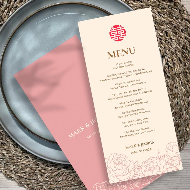 Bilingual Vietnamese Peony Sång Hy Bröllop Menu Meny (Skapare uppladdad)