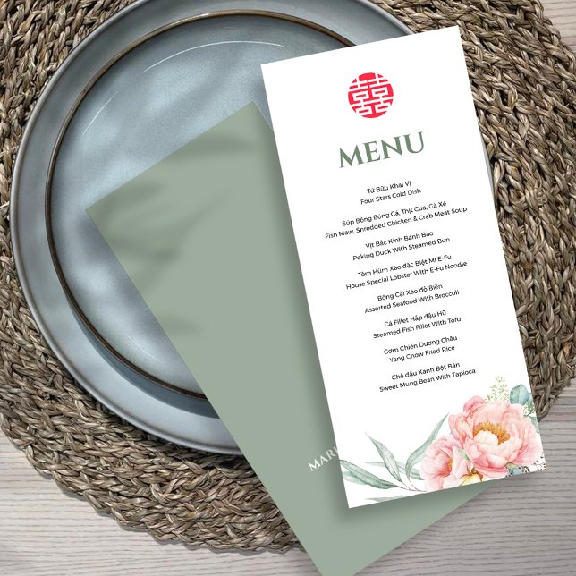 Bilingual Vietnamese Peony Sång Hy Bröllop Menu Meny (Skapare uppladdad)