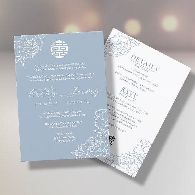 Bilingual Vietnamese Peony Sång Hy Dusty Blue Inbjudningar (Skapare uppladdad)