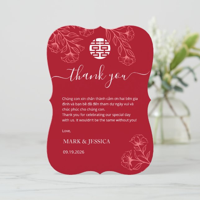 Bilingual Vietnamese Wedding Red Thank You Card Tack Kort (Stående Fram)