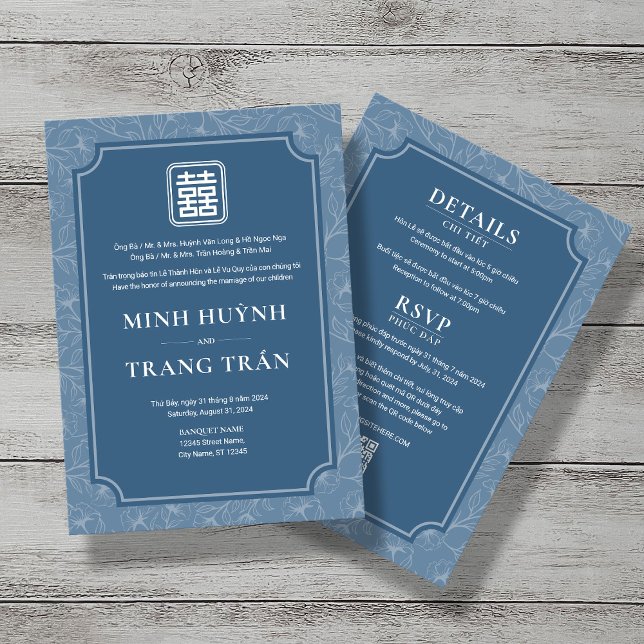 Bilingual vietnamesisk gryish Blue Sång Hy Bröllop Inbjudningar (Skapare uppladdad)
