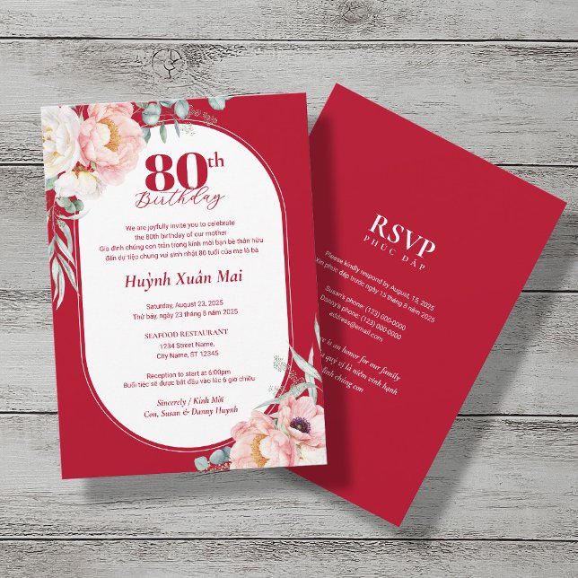 Bilingual Vietnamesisk inbjudan till Peony Birthda (Skapare uppladdad)