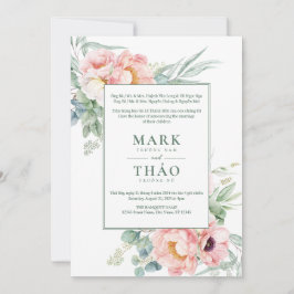 Bilingual Vietnamesisk Rosa White Flower Bröllop Inbjudningar