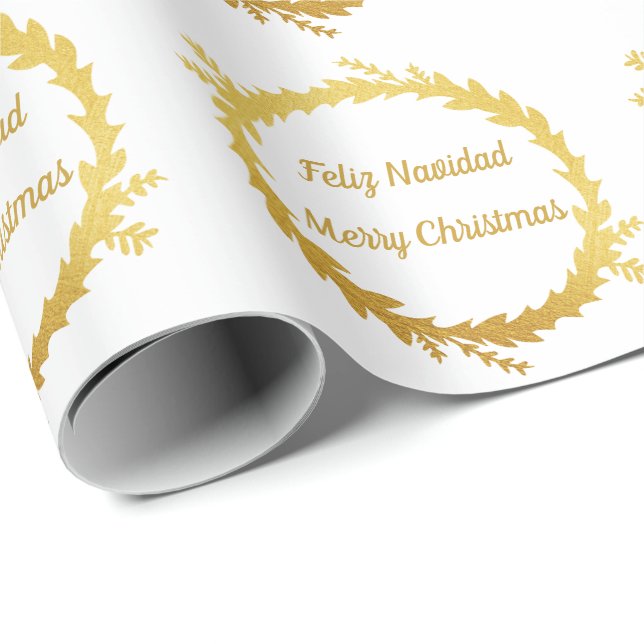 Bilingual White Golden Feliz Navidad jul Presentpapper (Rullad Hörn)