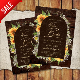 Bilingüe Rústico Azul Amarillo Girasoles Boda Flygblad