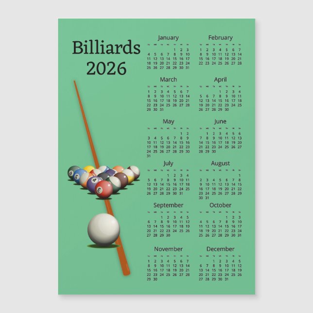 Biljard Pool 2026 Kalender Magnetkort (Framsida)