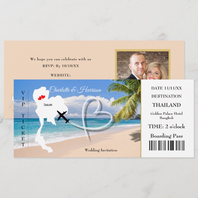 Biljett Boarding Pass Bröllop Destination Thailand Inbjudningar (Fram/baksida)