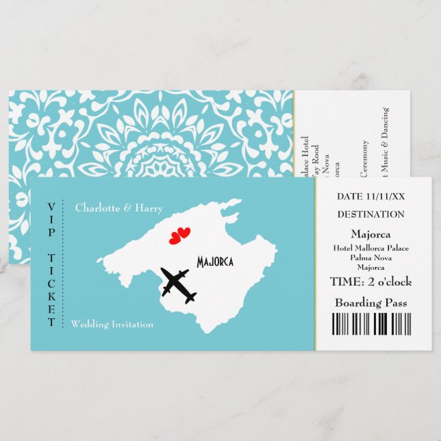 Biljett Boardingpass Bröllop destination Mallorca Inbjudningar (Fram/baksida)
