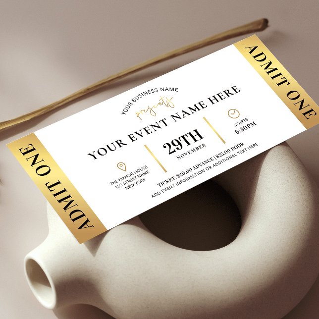 Biljett Business Logotyp Adapter One för evenemang Inbjudningar (Elegant white and gold event ticket design - great for corporate or private events)
