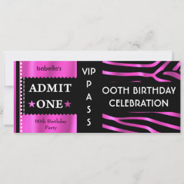 Biljett Födelsedagsfest Zebra Rosa Black Inbjudningar