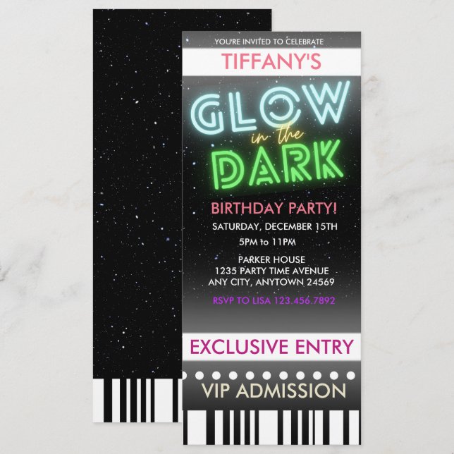 Biljett Födelsedagsinbjudan | Glöd I Mörkret Inbjudningar (Fram/baksida)