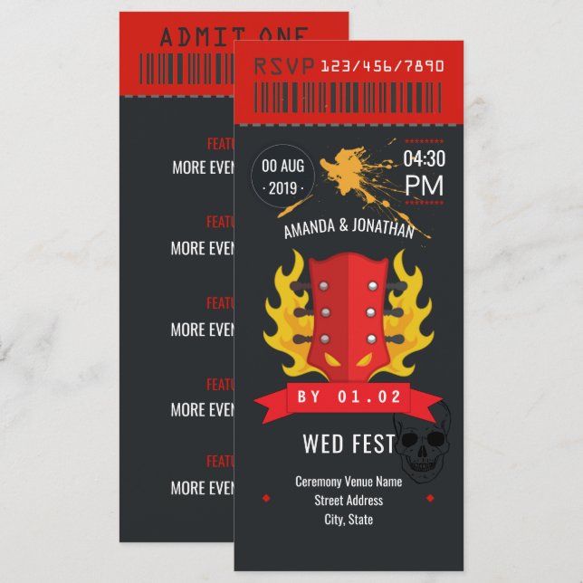 Biljett för Rock and Roll Bröllop anpassad inbjuda Inbjudningar (Fram/baksida)