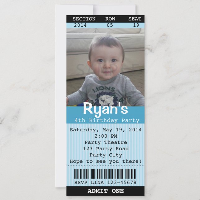 Biljett inbjudan (blå) med foto - Teater/Film (Framsida)