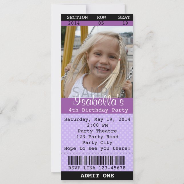 Biljett inbjudan (Lila) Foto -Teater/Film (Framsida)