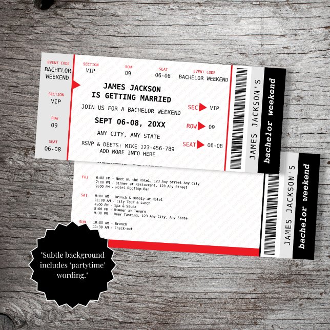 Biljett Music Bachelor Helg Itinerary Inbjudningar (Concert Ticket Music Bachelor Weekend Itinerary Invitation)